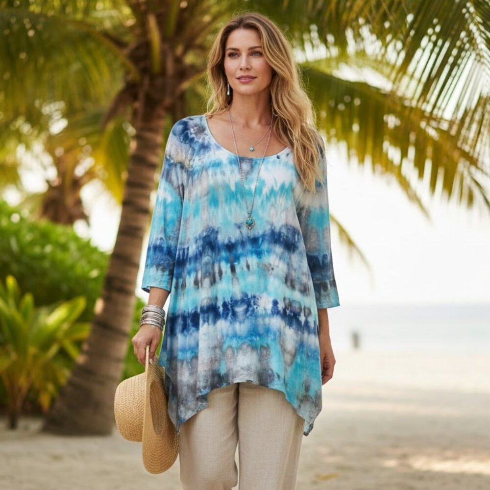 JONES NY Tunic Top Linen Blend Tie Dye Asymmetrical Sharkbite Hem size 2X Boho